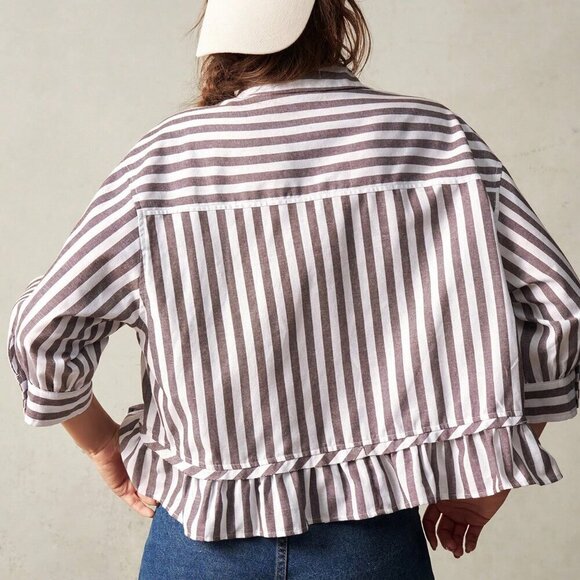 Brown Casual Women's Woven Striped Shirt Vacation natuical beachy travel europe - Picture 8 of 8
